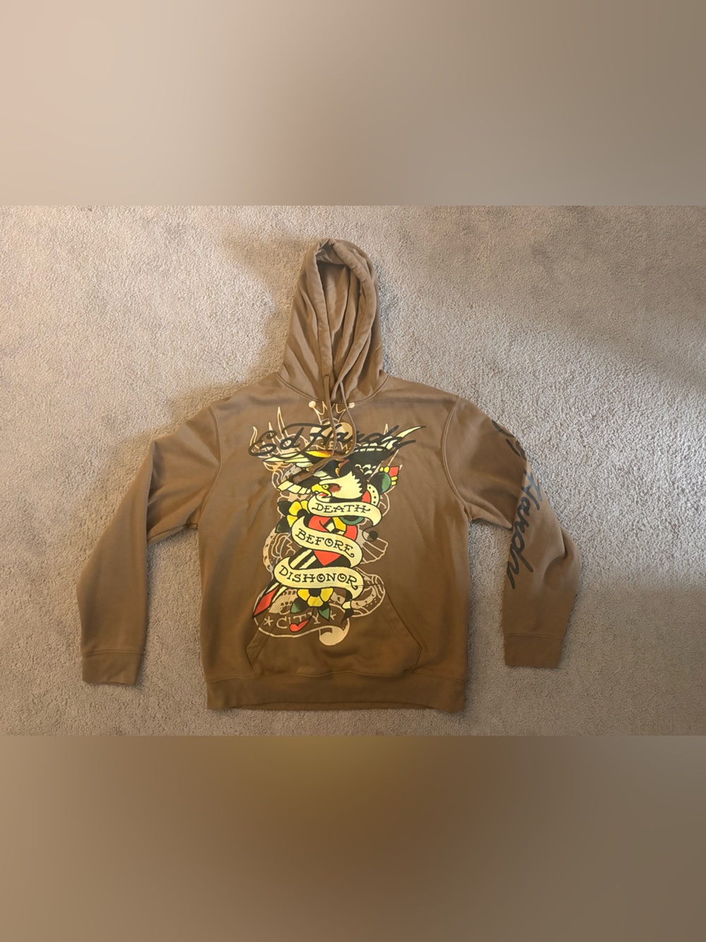 Ed Hardy Brown Hoodie with Yellow and Red Graphic
